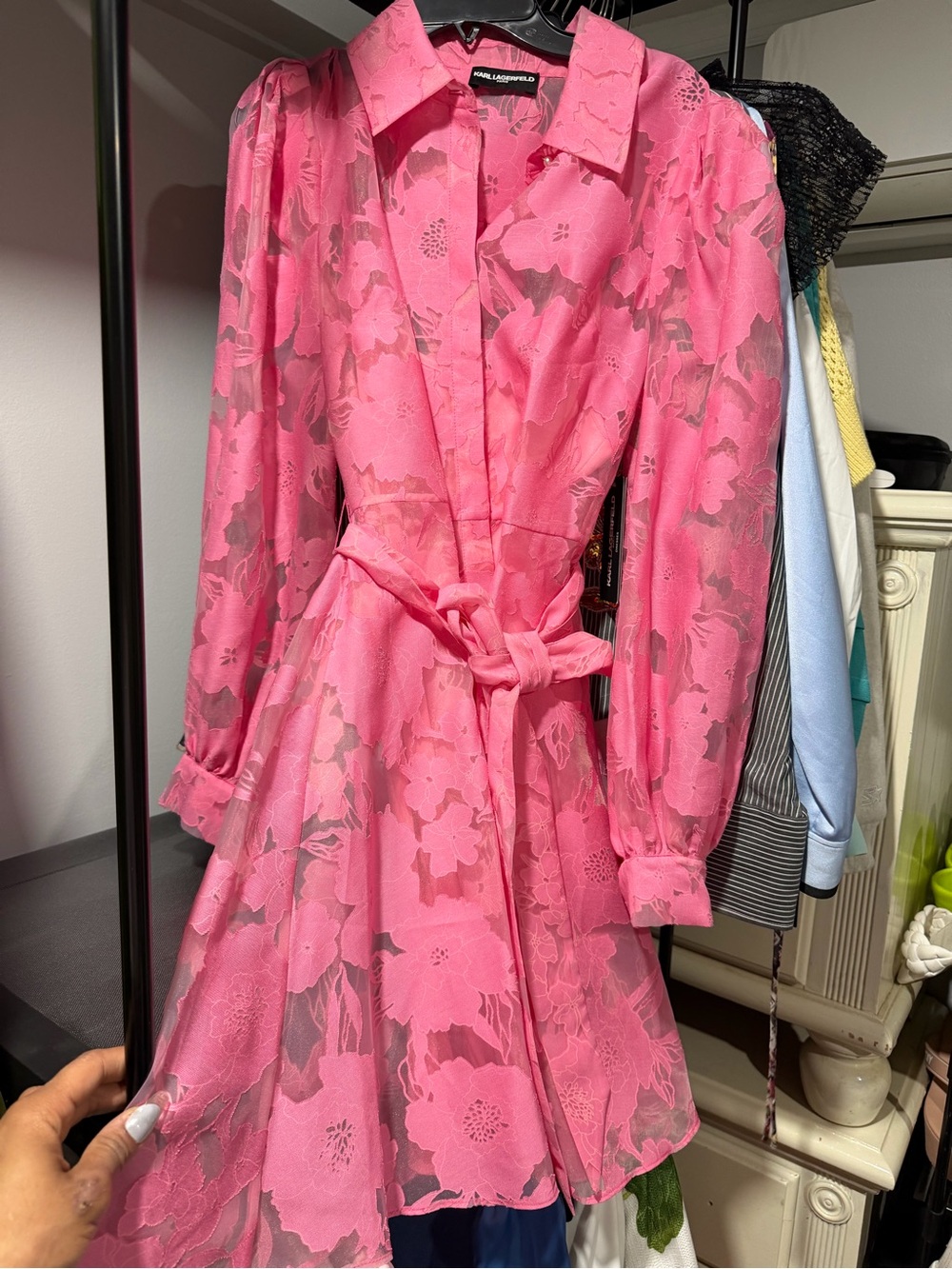 Karl Lagerfeld Pink Floral Tie-Waist Long Sleeve Shirt Dress